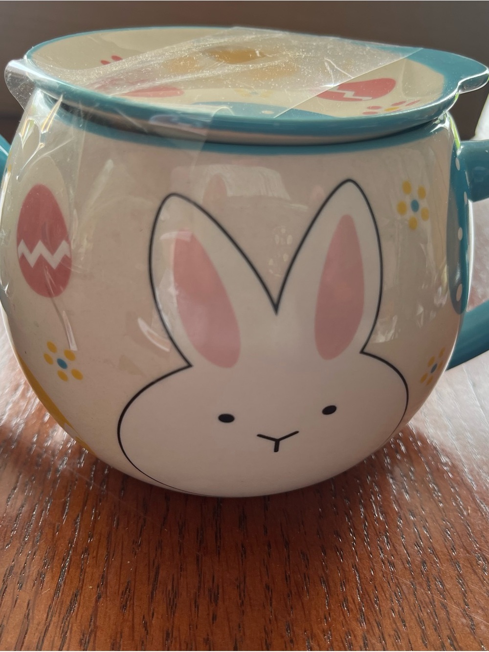 Temptations Bunny Easter Ceramic Mug with Teal Rim and Handle